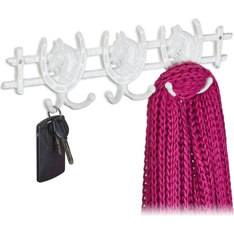 Relaxdays Wall-Mounted Coat Rack, Horses Design, Cast Iron, 6 Hooks, Unusual Look, Key Hanger, 11 x 36.5 x 3.5 cm, White