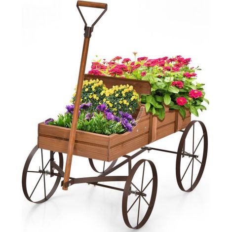 Wood Wagon Planter With Wheels, 2 Planting Sections (1/5)