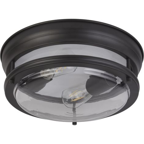 Plafonnier métal verre rond D : 35 cm IP44 noir E27 2 lampes classique (1/4)