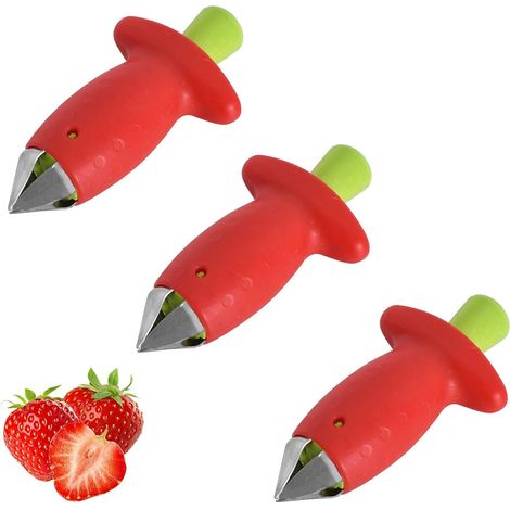 3 Pièces Remover Fraise Corer Remover Fruit Corer, Dissolvant De Tige De Fraise, Equeuteur De Fraises et Tomates, Acier Inoxydable Plastique Outil Pour Retirer Équeuter Les Fruits et Légumes 9.5x5cm (1/5)