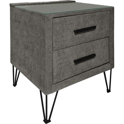 Table de chevet tissu gris + LED et 2 prises USB intégrées - LAYLA (1/5)