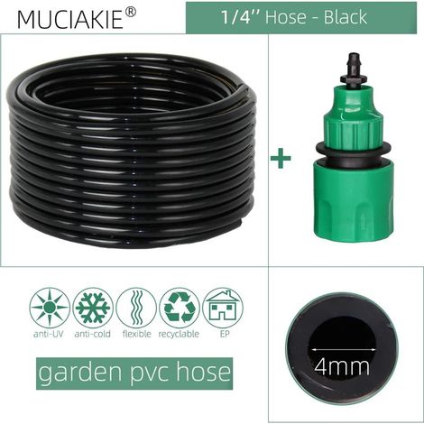 Tuyau d'arrosage noir de 1/4 po (32,8 pi) avec raccord rapide pour micro-irrigation goutte à goutte, en PVC, neuf.