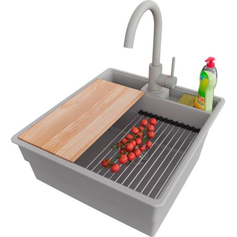 PRIMAGRAN Evier Cuisine en Granit 48x53cm,Lavabo 1 bac + Robinet 32x20cm + Kit de Vidage + Accessoires, Évier à Encastrer au meuble 50cm - New York, Gris (1/5)