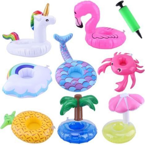 Flotteurs de boissons gonflables, lot de 8 porte-boissons gonflables, sous-verres, porte-boissons de natation avec pompe à air pour fête à la piscine d'été (1/5)