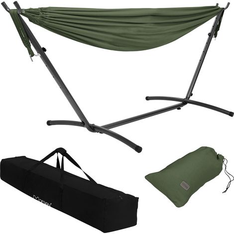 ML Design Amaca Doppia in Poliestere e Cotone Cachi 275 x 110 x 98 cm con Supporto in Acciaio Spazio per 2 Persone Sedia Sospesa XXL Portatile Borsa per Trasporto e Sacchetto Amache da Giardino