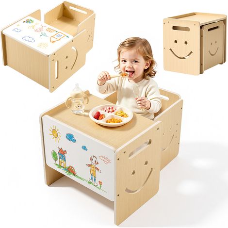 VEVOR Montessori-Tisch- & Stuhlset, Holz, Kindersitzgruppe für Kleinkinder von 1-5 Jahren, Tritthocker mit Whiteboard & 3-Fach Höhenverstellbar, zum Essen, Zeichnen, Lesen & Spielen (1/5)