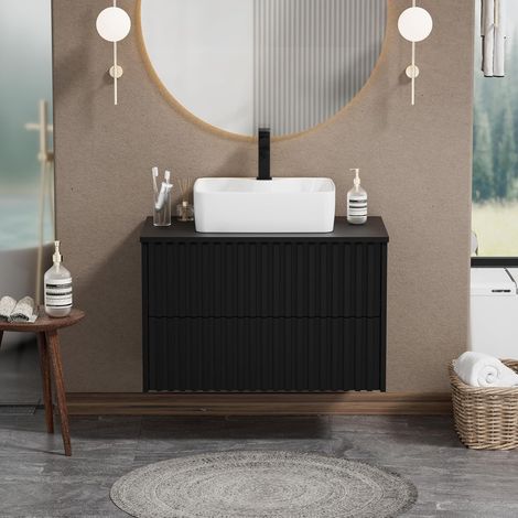 UEV Meuble Salle de Bain, Meuble Suspendu 81cm avec Vasque à Poser, Lavabo en Céramique, Deux Tiroirs avec Grand Espace de Rangement, Motif de Ligne, 81 x 46 x 52 cm, Noir