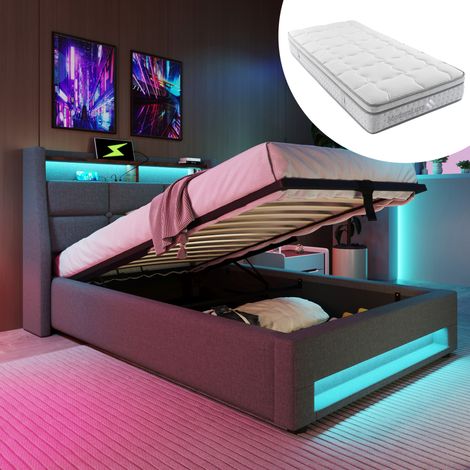 Letto contenitore 90x200 cm con USB e LED, letto singolo in lino grigio DESVIAE (1/5)