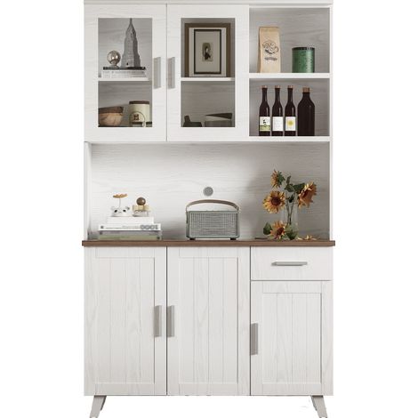 Buffet Vaisselier 114x40x190 cm Meuble de Rangement Salon Salle à Manger 5 Portes 1 Tiroir 2 Niches Effet Bois Blanc et Brun (1/5)