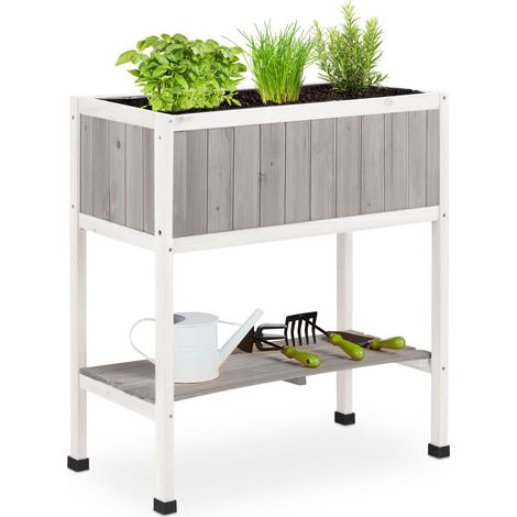 Relaxdays Hochbeet Holz, Pflanzbeet auf Stelzen, HBT: 80,5 x 74 x 38 cm, Garten, Balkon & Terrasse, mit Folie, grau-weiß (1/5)