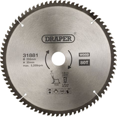 Draper TCT Triple Chip Grind Circular Saw Blade, 255mm Diameter x 30mm Arbor, 80 Teeth, Multi-Purpose, Model 31881 (1/5)