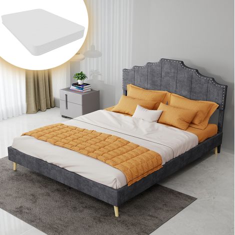 Bettgestell 140x200 cm Grau aus Stoff und Metall mit geometrischem Kopfteil und Matratze (1/5)