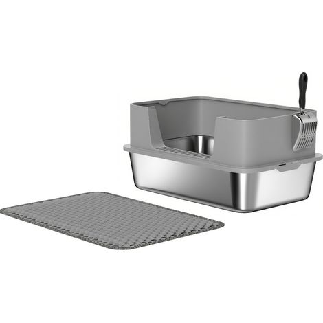 Litière pour chat en acier inoxydable avec pelle, bord haut, tapis, 60,2 x 40,2 x 29,5 cm, gris (1/5)