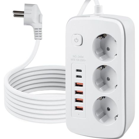 Multiprise escamotable à 3 Compartiments avec 4 Ports USB, Prise de Table avec 2 Ports USB C, Prise encastrable avec Interrupteur, pour Table de Bureau, câble de 2 m, Blanc (1/5)