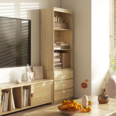 Bibliothèque haute 180 cm 3 étagères 3 tiroirs 60L×35l×180H cm particules aspect bois (1/5)