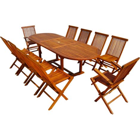 Gartentisch oval 8 Stühle und 2 Sessel aus geöltem Teakholz LUBOK