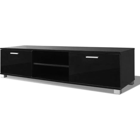 Meuble TV 2 portes 2 niches bois noir brillant Glamourous (1/4)