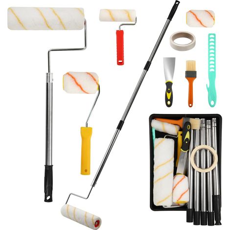Lot de 17 rouleaux de peinture avec barre télescopique, rouleau de peinture (grand, petit, mini), bac à peinture, pinceau, spatule, ruban adhésif - Kit complet d'accessoires de peinture (1/5)