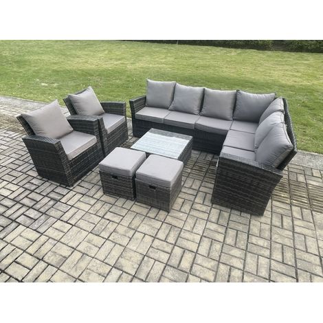 Fimous 10 Seat Rattan Garden Furniture Corner Sofa Set Outdoor Patio Sofa Table Set with 2 Small Footstools 2 Armchairs Dark Grey Mixed