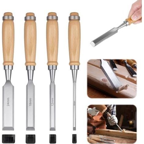Set of 4 wood chisels with striking cap - Woodworking tools. Made of CRV steel. For precise chisel work. 6/12/18/24 mm (1/5)