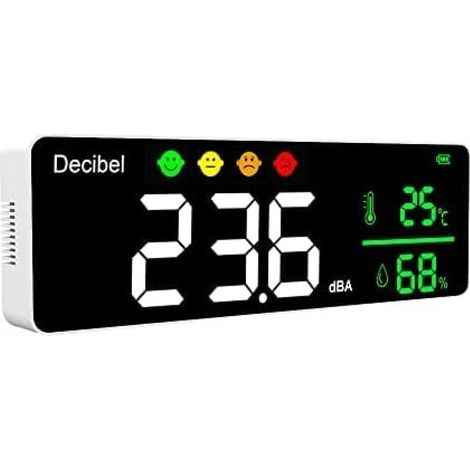 Medidor de ruido digital, medidor de nivel de sonido, medidor de temperatura, medidor de humedad, detector 3 en 1, detector de pared para interiores, probador de pantalla grande, blanco (1/5)