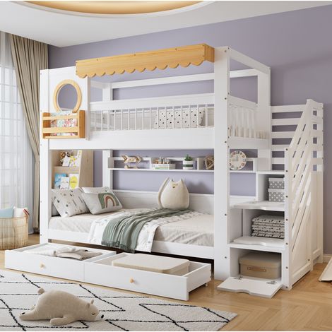 Lit superposé 90x200 avec rangements blanc naturel OKMYHOME (1/5)