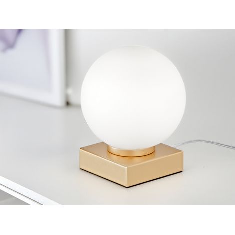 Kleine LED Tischleuchte Gold mit Glaskugel in Opalweiß, Höhe 17,5cm
