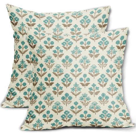 Housses de coussin à imprimé floral bleu-vert, 45 x 45 cm, ensemble de deux, style bohème vintage – décoration canapé/lit style ferme (1/5)