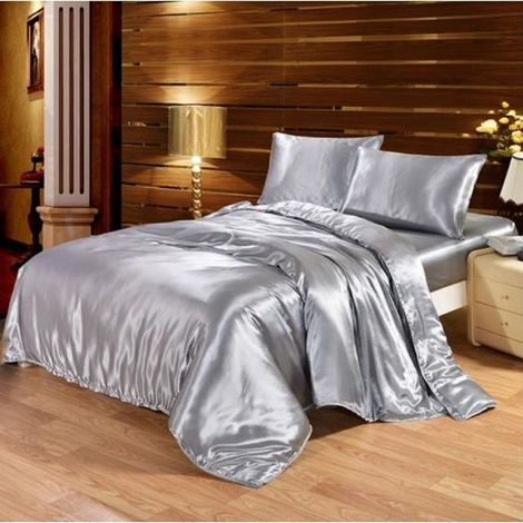 Parure de drap en Soie Satinée -Parure de lit 4 Pcs = 2 Taies d'oreiller, 1 Drap-Housse, 1 Housse de Couette -220x240cm-Gris (1/4)