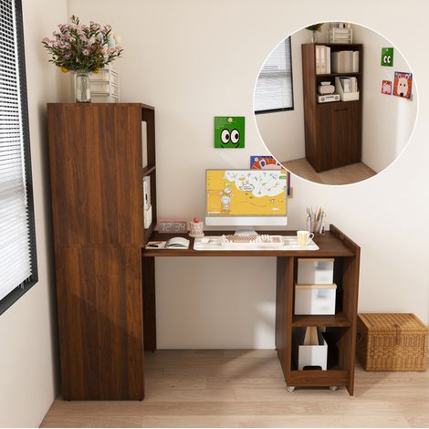 Bureau extensible avec meuble de rangement, tablette coulissante, MDF, noyer foncé HAVRYA (1/5)