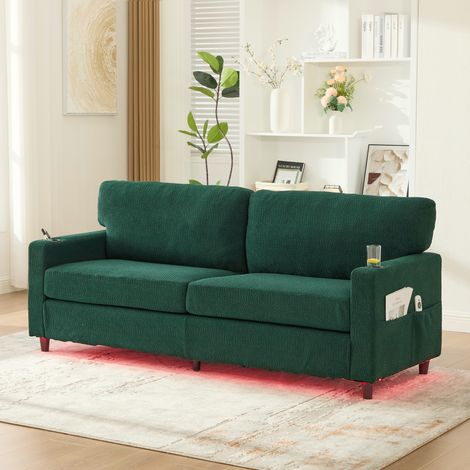 Divano 2 posti in chenille smeraldo con USB-C, LED dimmerabile e portabicchieri, 203 cm