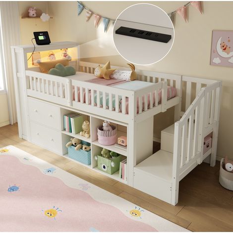Cama infantil semialta 90 x 200 cm con almacenaje y LED, blanca HAVRYA (1/5)