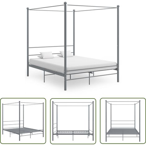 The Living Store Cadre de lit à baldaquin sans matelas gris métal 160x200 cm - Lit Plateforme - Lit Double - Cadre Lit Metal - Lit Design - Literie (1/5)