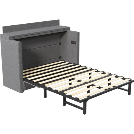 Cama abatible 140 x 200 de lino gris con cajón, puertos USB y USB-C (1/5)