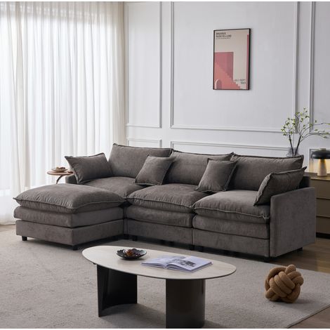 Canapé d'angle modulable gris en chenille, 3 places avec méridienne et pouf, REDOM (1/5)