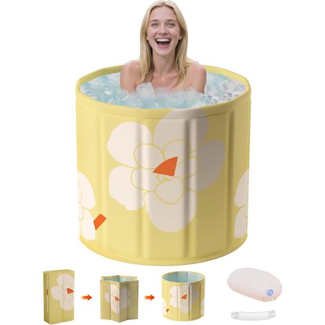 Baignoire Pliable pour Adultes, 70x65 cm Baignoire à Glace et à Chaleur pour la Rééducation des Sportifs, Tub à Plongée pour Maison, Salle de Sport, Spa, Douches de Rééducation Musculaire, jaune (1/5)