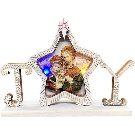 Ornement de table en bois sculpté, illuminé par LED, représentant la Sainte Famille : cadeau religieux pour un ami (1/4)