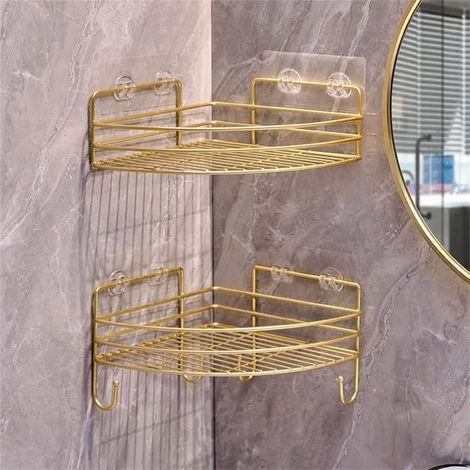 Étagères de douche d'angle avec 4 crochets, organiseurs de douche à 2 niveaux en acier inoxydable, étagères murales sans perçage avec adhésif, doré (1/5)