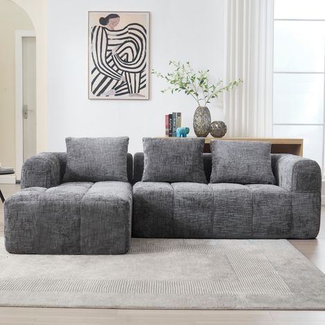Sofá esquinero - 250 x 158 x 60 cm - Diseño moderno - Sin montar - 3 plazas con bolsillos laterales y cojines - Chenilla gris (1/5)