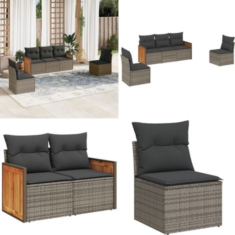 Salon de jardin 5 pcs avec coussins gris résine tressée - Salon De Jardin - Meuble De Jardin - Salon Extérieur - Ensemble De Canapés - Set De Salon - Home & Living (1/5)