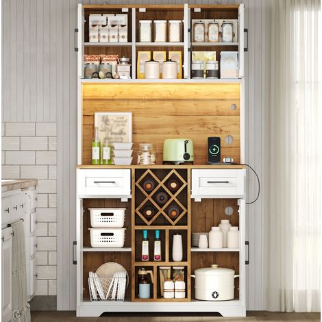 Credenza cucina alta con LED RGB, portas vino, MDF Natural e Bianco OKMYHOME (1/5)