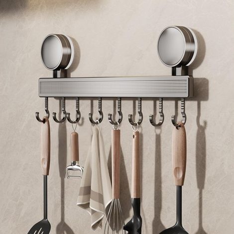 1 Barre de cuisine, 40 cm, Aluminium, 8 Crochets, Cuisine Salle de bain Balcon