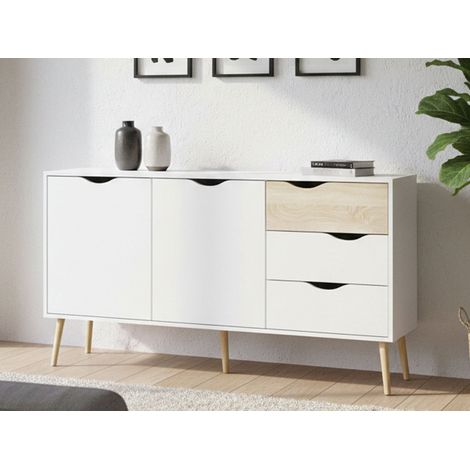 Dmora Aparador con dos puertas y tres cajones, blanco y roble, Medidas 147 x 81 x 39 cm, con embalaje reforzado (1/5)