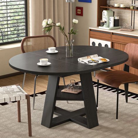 Table de salle à manger extensible, 110/150 x 110 cm, idéale pour 4 à 6 personnes, table ronde avec rangements et étagères, finition bois noir. (1/5)