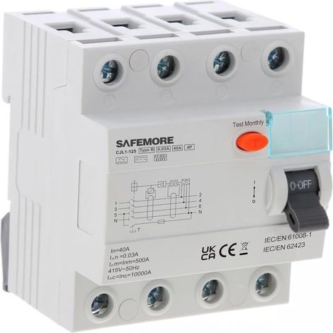 Disjoncteur FI type B, 40 A, 4 pôles (3P+N) 30 mA, Disjoncteur différentiel RCD sensible au courant continu pour boîtes murales, stations de charge, installation PV, montage sur rail DIN (1/5)