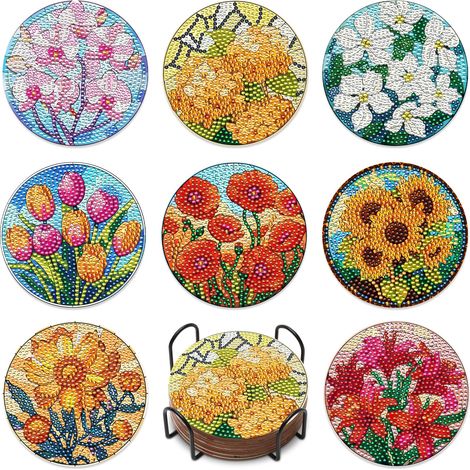 Lot de 8 sous-verres en diamant en forme de fleur - Kit de bricolage pour le bureau, la maison et la cuisine - Dessous de verre à fleurs avec peinture au diamant (1/5)