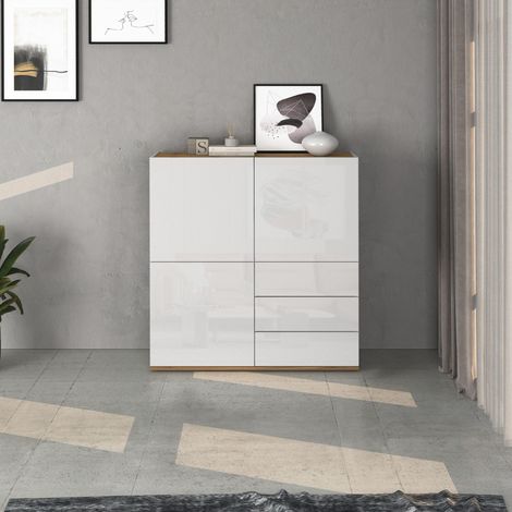 WHOUS Credenza Garda a 3 ante e 3 cassetti bianco lucido e rovere 102x35x110 cm