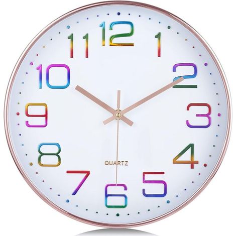 AMXCNOY 3D-Wanduhr mit mehrfarbigen Ziffern, geräuschlose, moderne 30-cm-Wanduhr in Roségold, gut lesbar ohne Ticken, dekorativ für Küche und Wohnzimmer (1/4)
