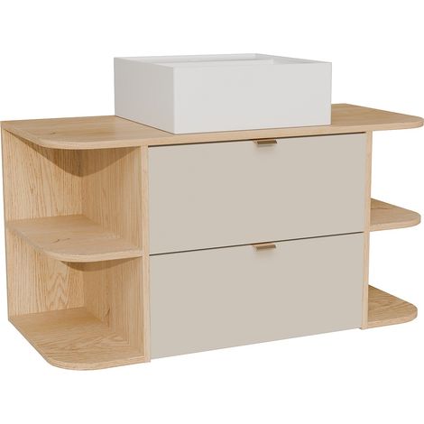 Meuble de salle de bain suspendu avec niches et vasque à poser carrée - Beige et naturel clair - 100 cm - LAVENA (1/4)