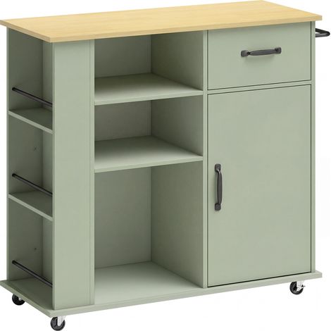 Desserte Leocadio Chariot Cuisine Mobile Rangement Vert Eau Bois Clair 96x38x87cm (1/5)